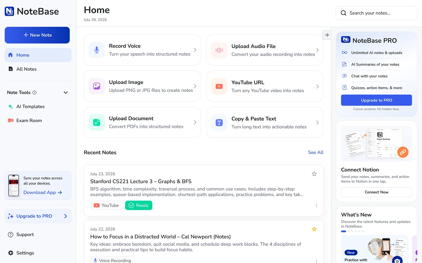 The NoteBase dashboard, with a note's summary and transcript